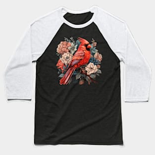 Red Cardinal colorful Flower Illustration Baseball T-Shirt